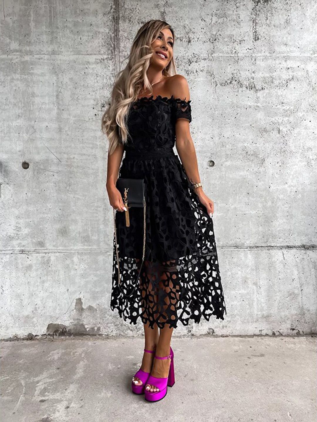 Buy Black Abstract Off-Shoulder Lace Up Fit & Flare Midi Dress