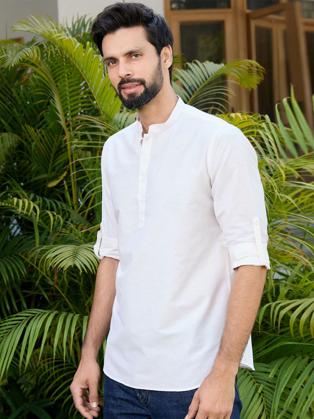 See Designs Mandarin Collar Roll-Up Sleeves Straight Short Kurta
