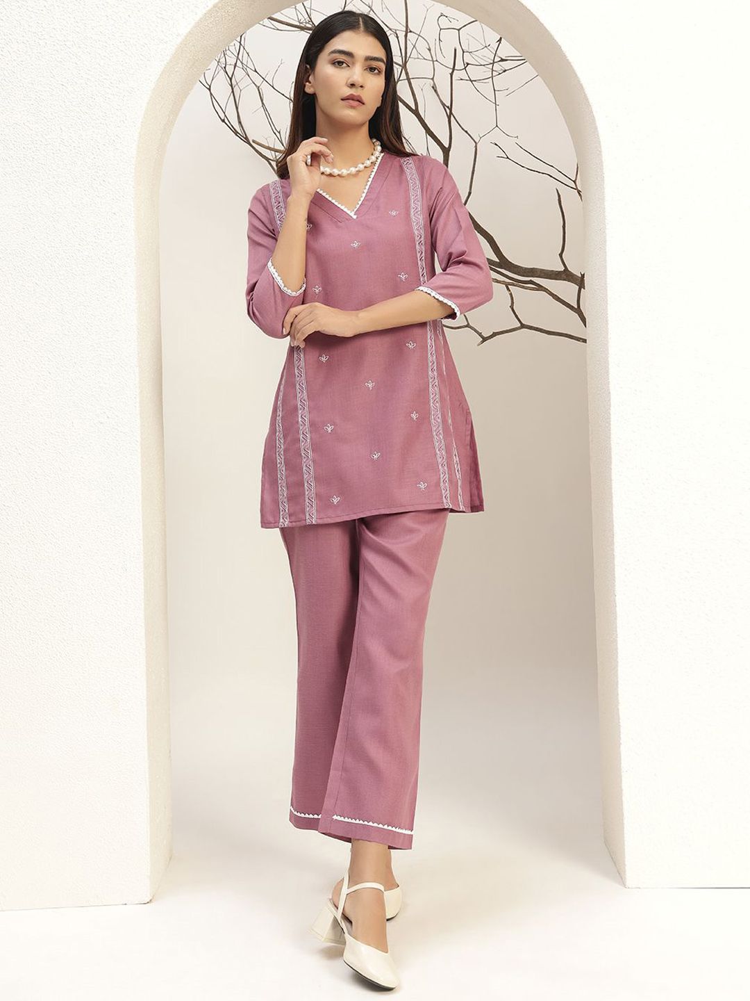 Bani Women Purple Color V-Neck Casual Tunic With Trouser Co-Ords Set