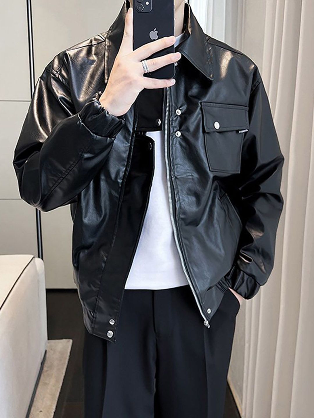 StyleCast x Revolte Men Spread Collar Solid Casual Leather Jacket