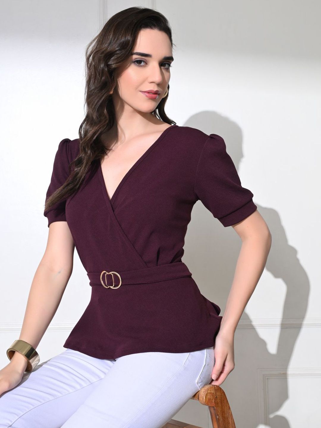 BAESD Solid Puff Sleeve Regular Wrap Top