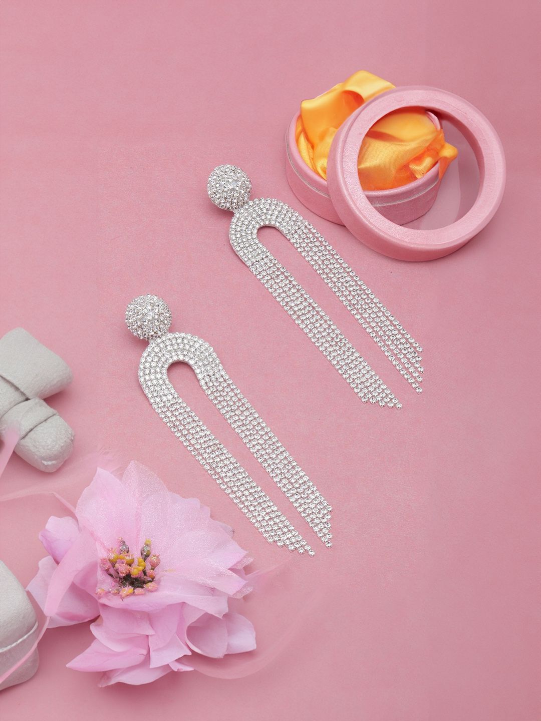 Buy KPOP Silver-Plated Rhinestone Chain Tasselled Drop Earrings