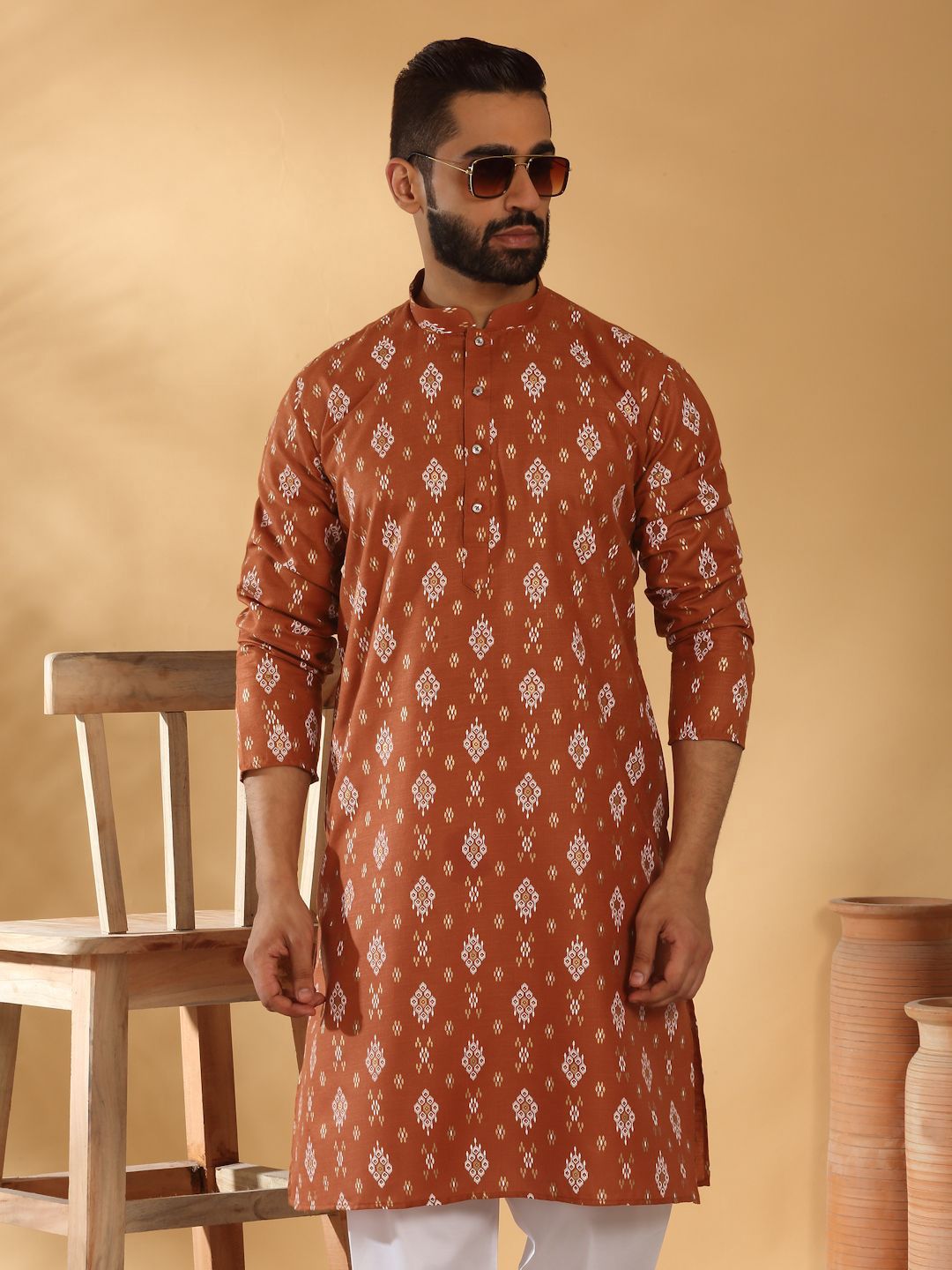 KRAFT INDIA Geometric Printed Mandarin Collar Straight Kurta