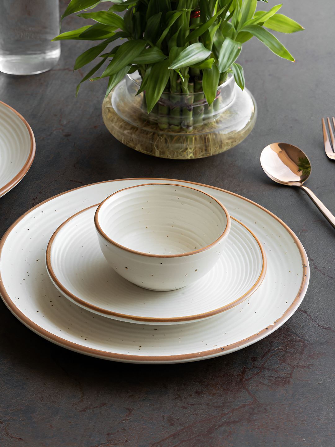 Claymistry Bone Ash-Free Off White Solid Ceramic Dishwasher and Microwave Safe 3 Piece Dinner Set