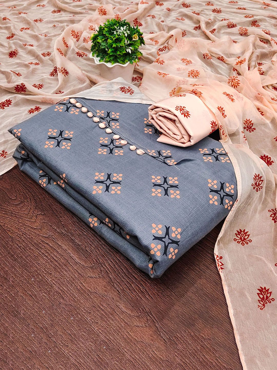 HERE&NOW Ethnic Motifs Printed Slub Cotton Unstitched Dress Material