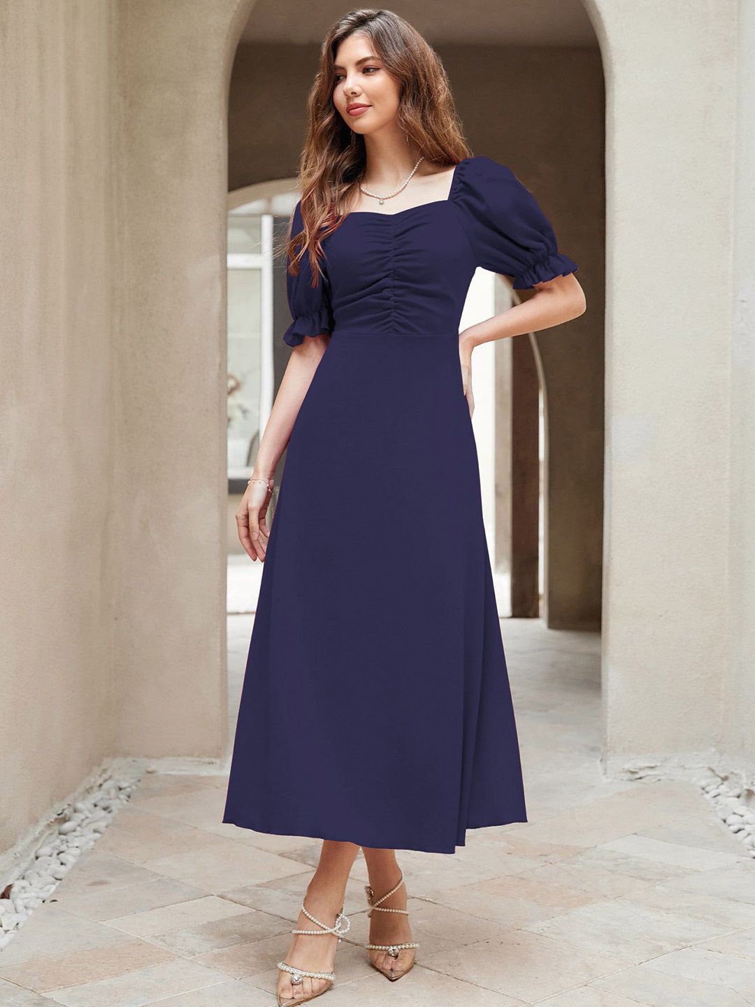 Sugathari Women Puff Sleeve A-Line Midi Dress