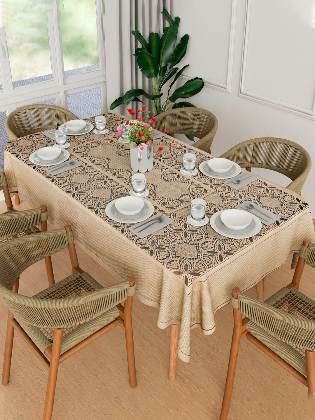 Myntra Elegant Homes Myntra Elegant Homes Gold-Toned & Blue Floral Printed 6-Seater Cotton Table Cover