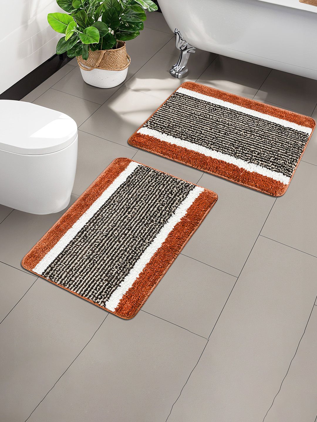Kuber Industries 2-Pcs Brown & White Striped Anti-SlipDoormats