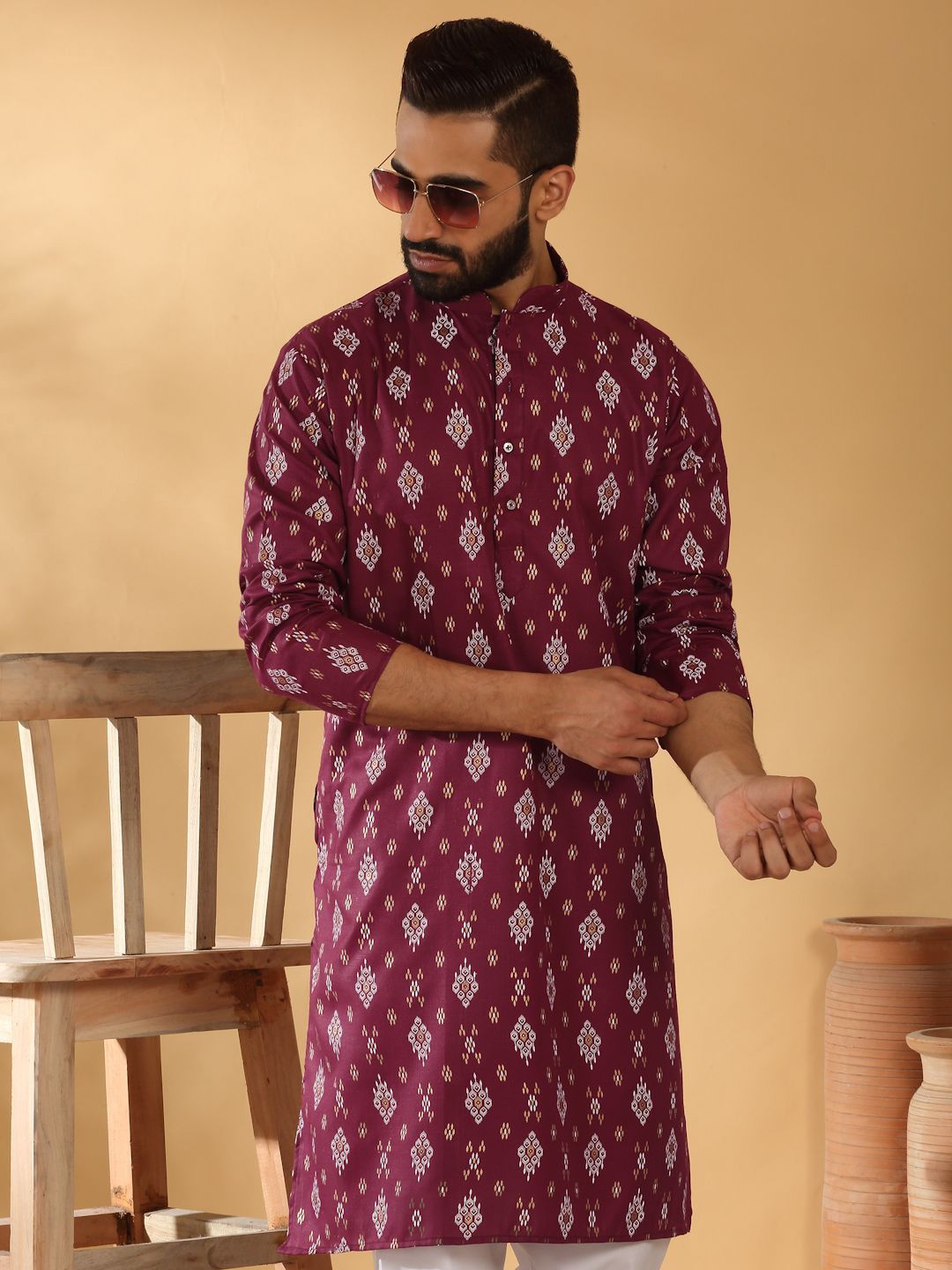 KRAFT INDIA Men Ethnic Motifs Printed Mandarin Collar Kurta