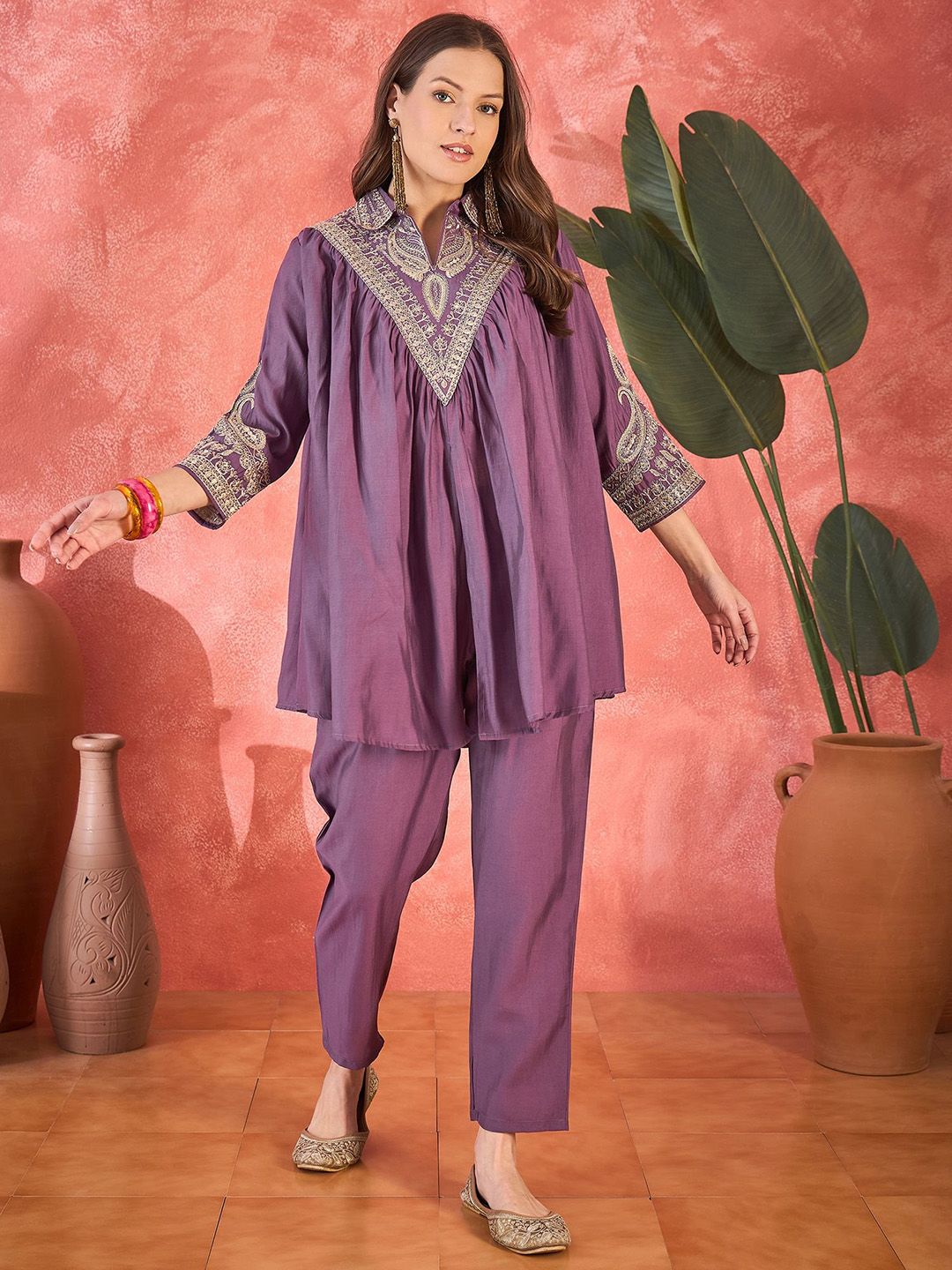 Sangria Floral Embellished Shirt Collar Tunic With Trouser Co-Ords