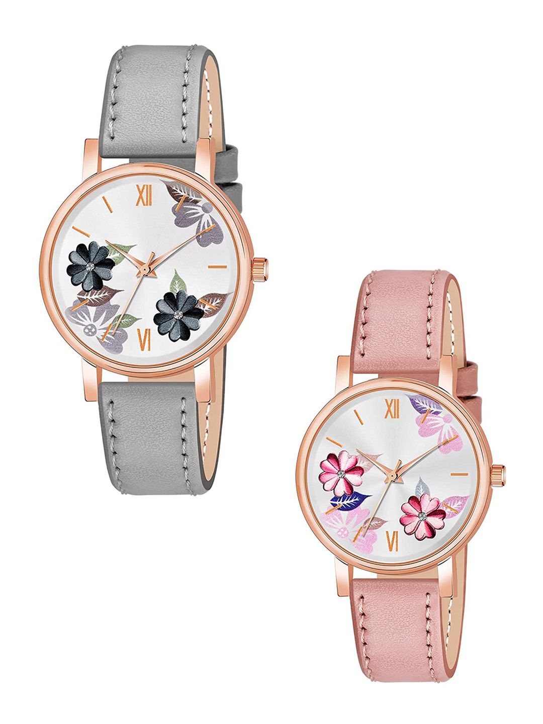 JUST LIKE JUST LIKE Girls Pack of 2 Printed Dial & Stainless Steel Straps Analogue Watch 81-flowers