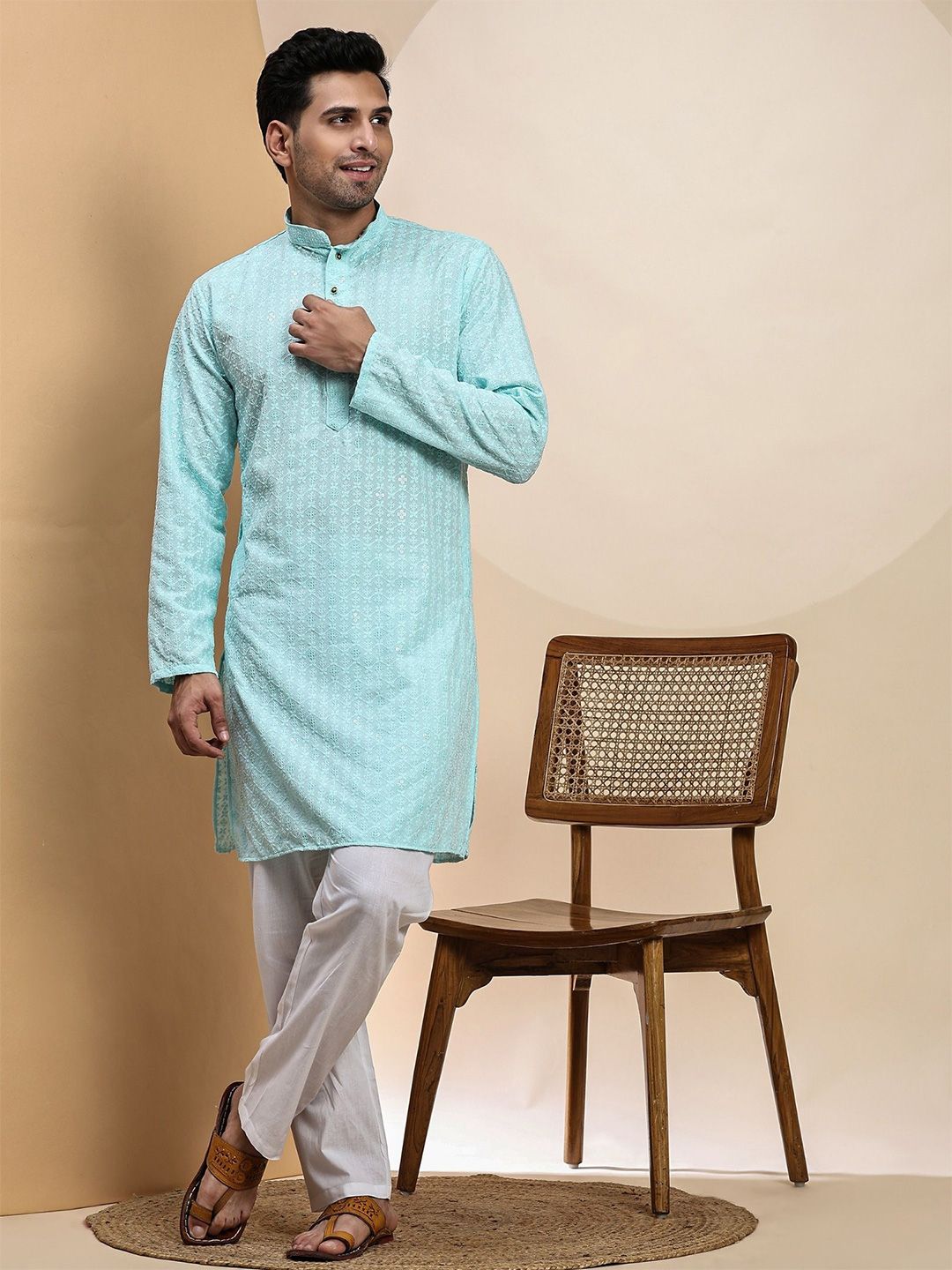 Pro-Ethic STYLE DEVELOPER Men Floral Embroidered Sequinned Jacquard Kurta