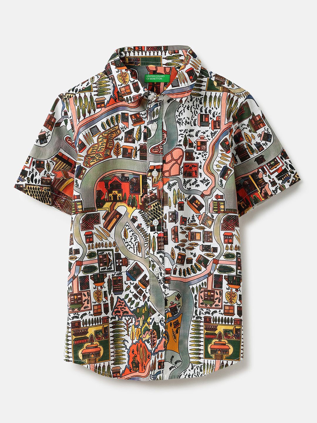 United Colors of Benetton Boys Graphic Printed Spread Collar Cotton Casual Shirt