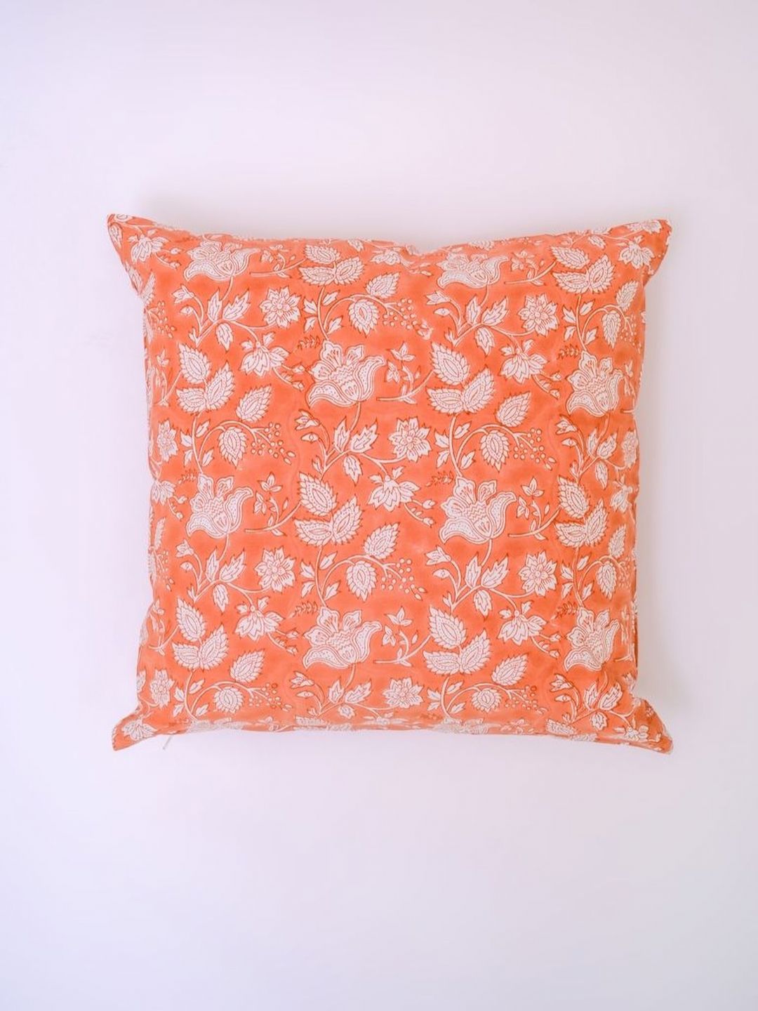 Block N Style Orange Floral Cotton Breathable Square Cushion Cover -16x16In