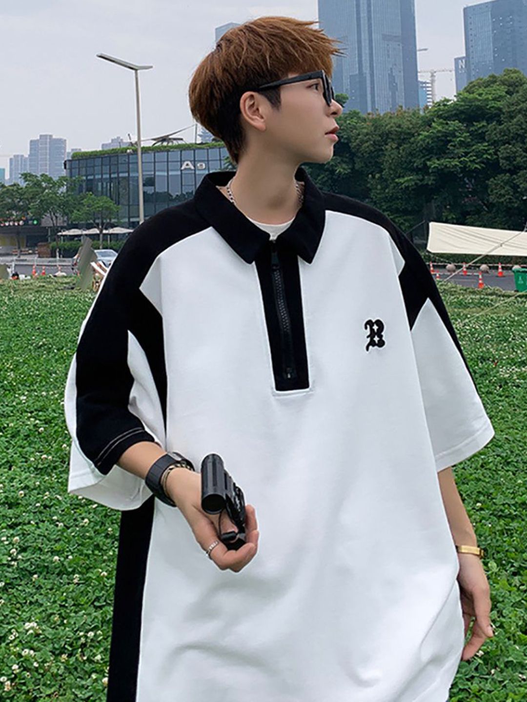 StyleCast x Revolte Men Colourblocked Polo Collar Oversized T-shirt