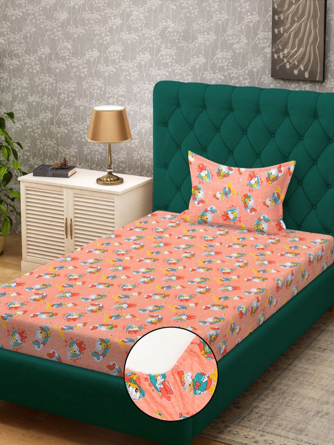 Myntra Elegant Homes Myntra Elegant Homes Orange & Blue 400 TC Cotton Single Bedsheet Set 2.25 m x 1.50 m