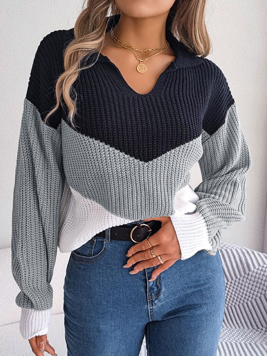 StyleCast StyleCast Grey Colourblocked Long Sleeves Pullover Sweater