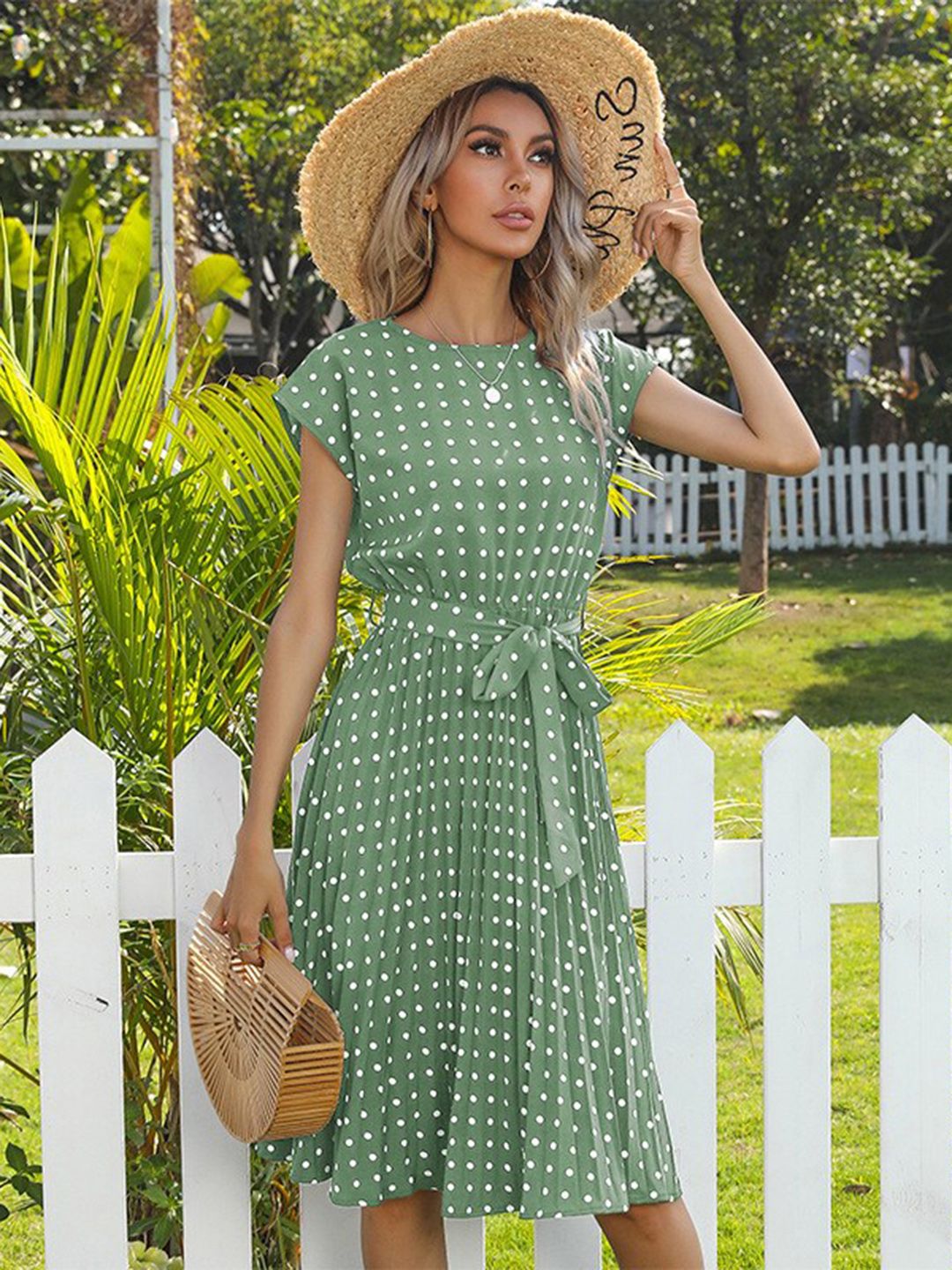 slim fit dress slacks May Crossover Bust Green Polka Dot Dress main image 1