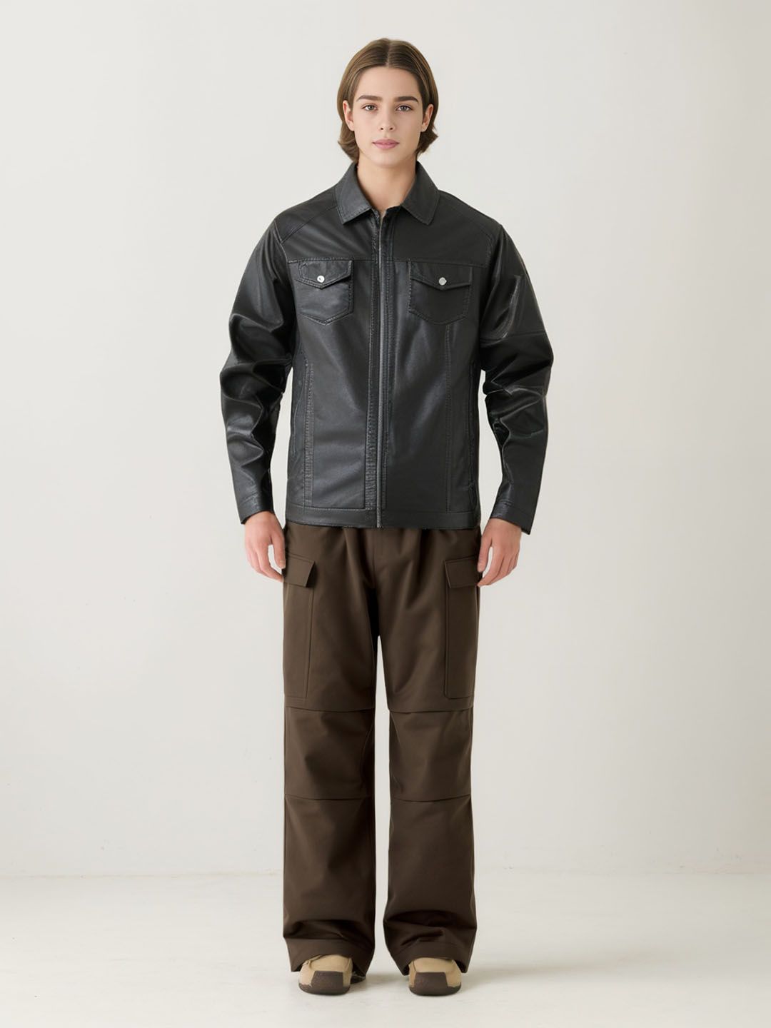 StyleCast x Revolte Men Spread Collar Solid Casual Leather Jacket