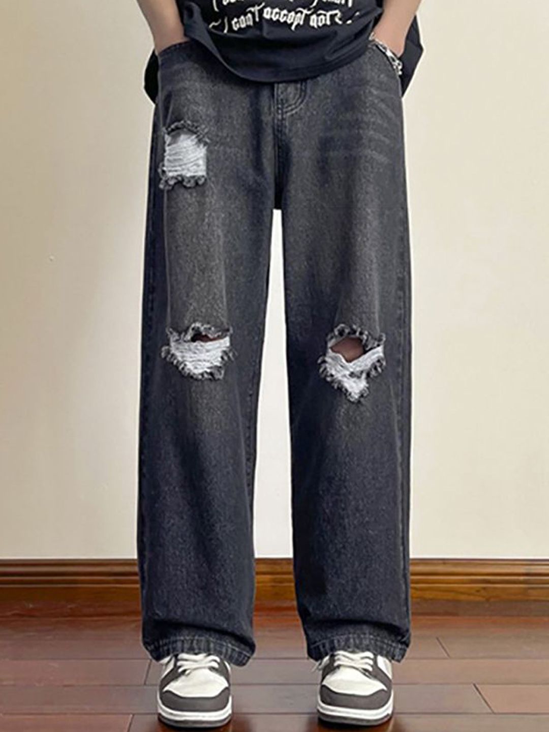 StyleCast x Revolte Men Wide Leg Slash Knee Light Fade Jeans