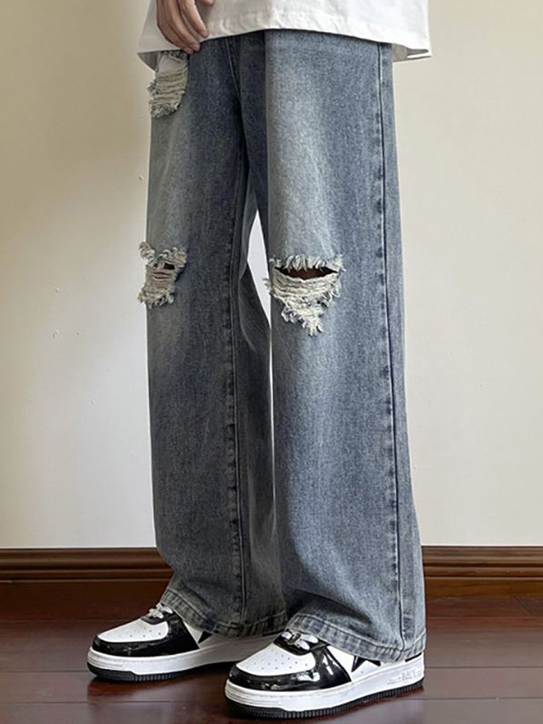 StyleCast x Revolte Men Wide Leg Slash Knee Light Fade Jeans