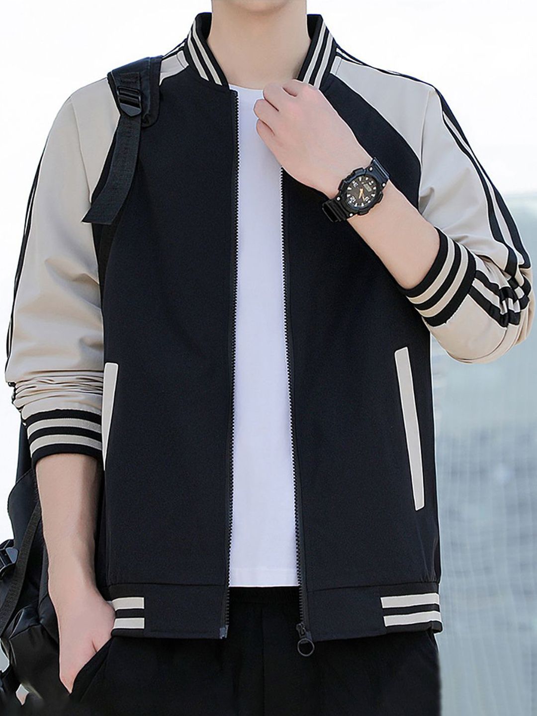 StyleCast x Revolte Men Stand Collar Striped Casual Bomber Jacket