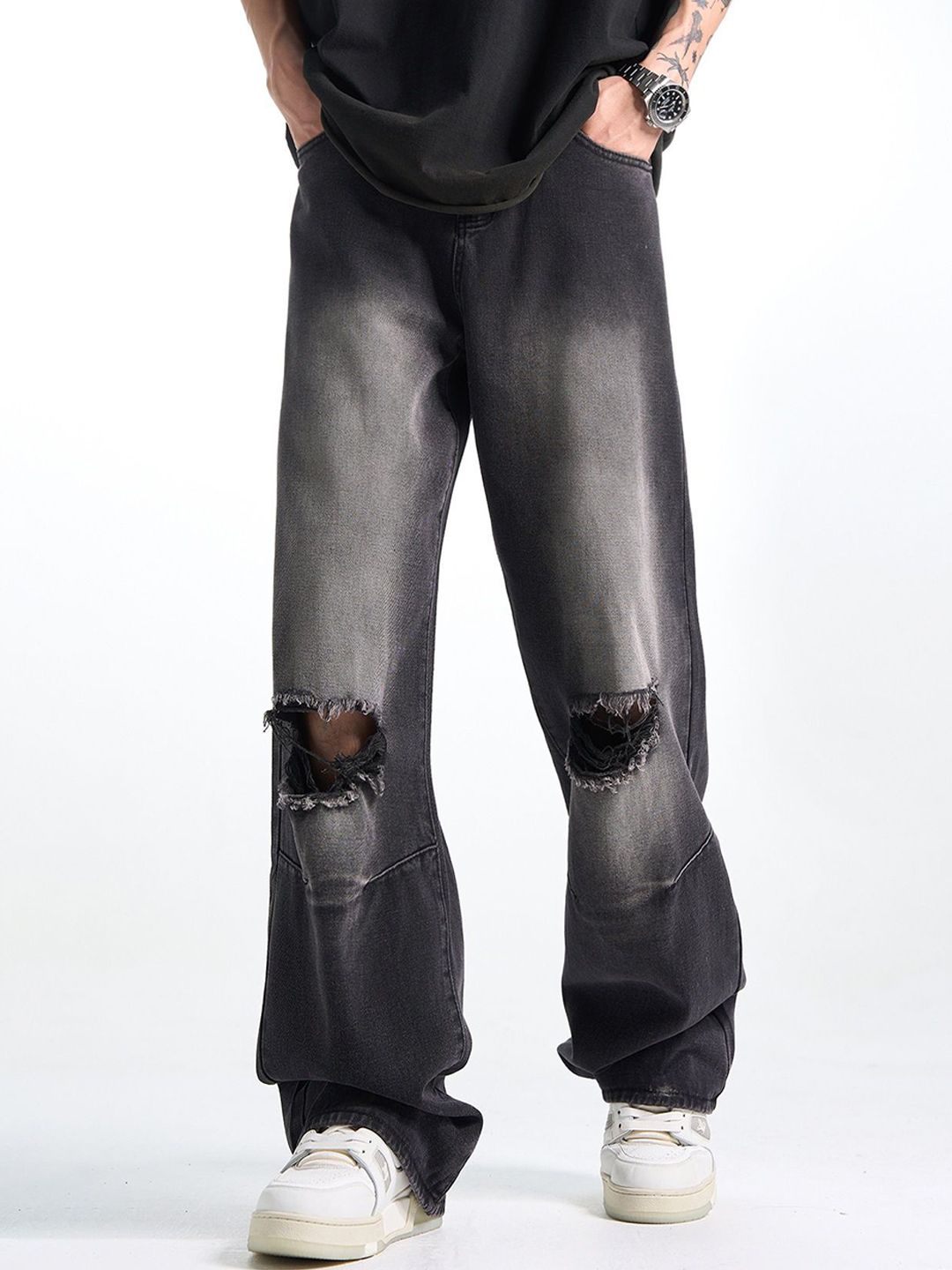 StyleCast Men Wide Leg Highly Slash Knee Fade Jeans