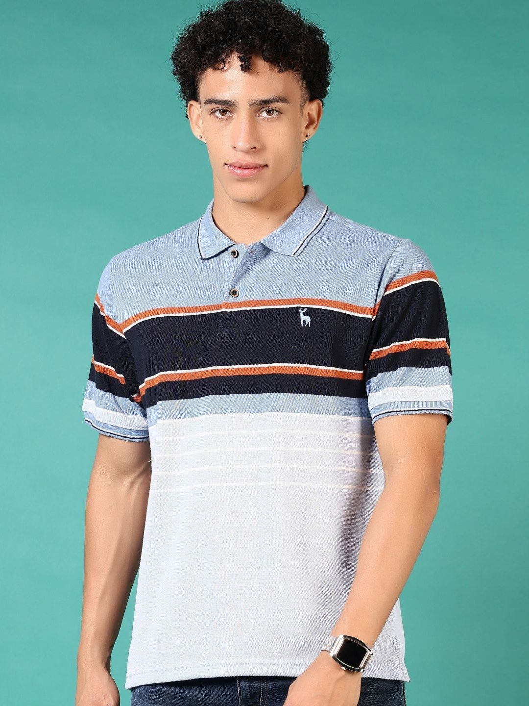 V-Mart Men Striped Polo Collar Pockets T-shirt