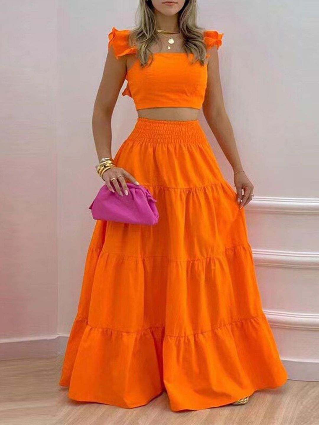 StyleCast Orange-Coloured Crop Top With Skirt