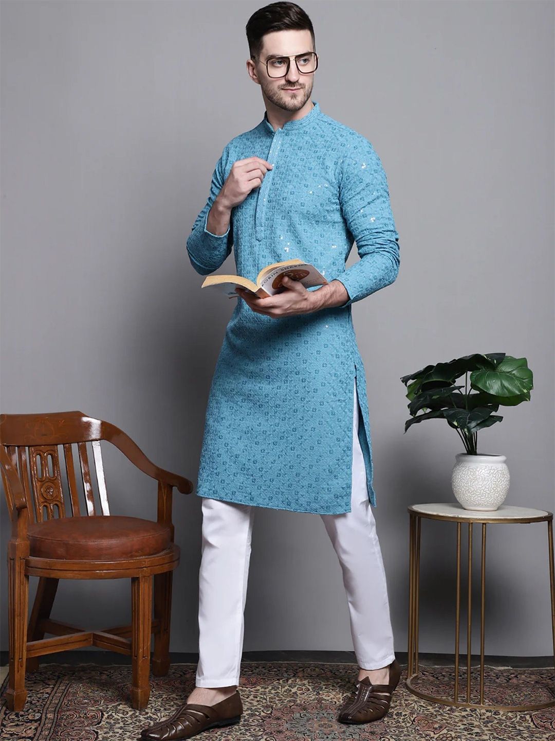 Pro-Ethic STYLE DEVELOPER Men Floral Embroidered Sequinned Jacquard Kurta