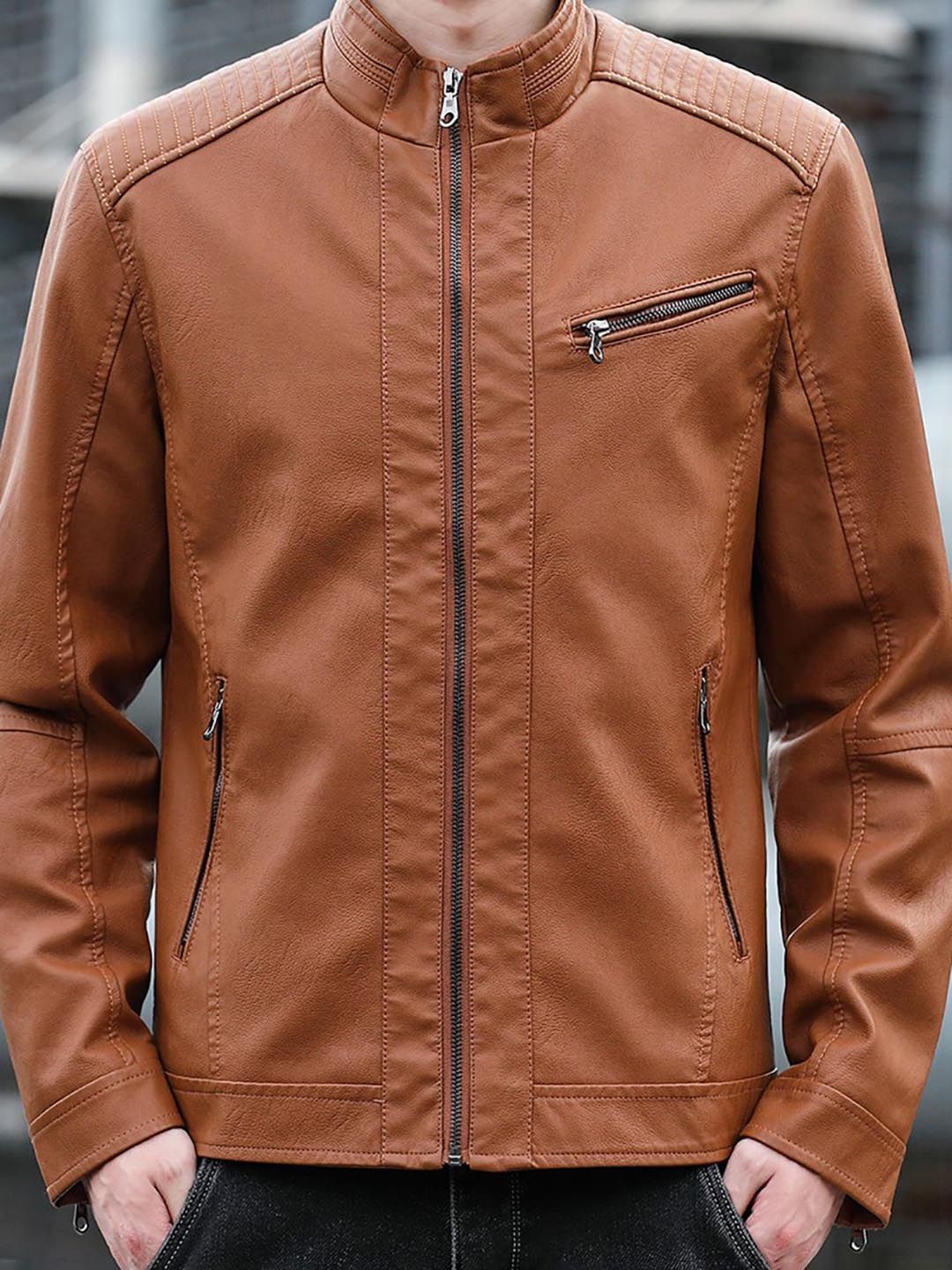 StyleCast x Revolte Men Mock Collar Solid Casual Leather Jacket