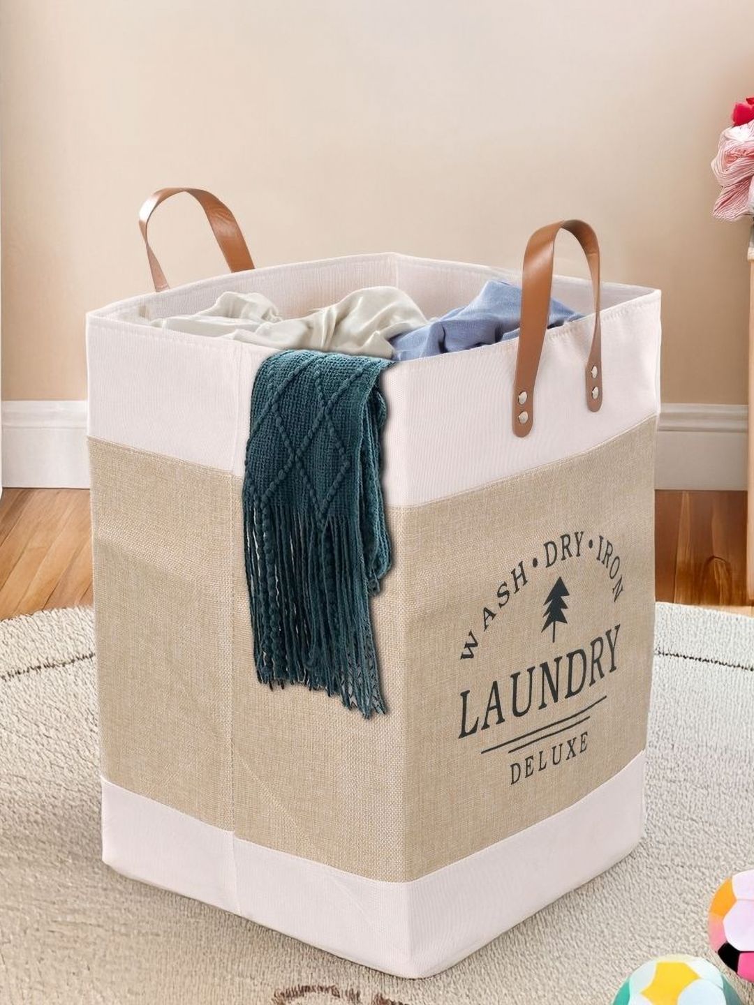 Stylista Beige Printed Durable & Foldable Laundry Bag with Handle