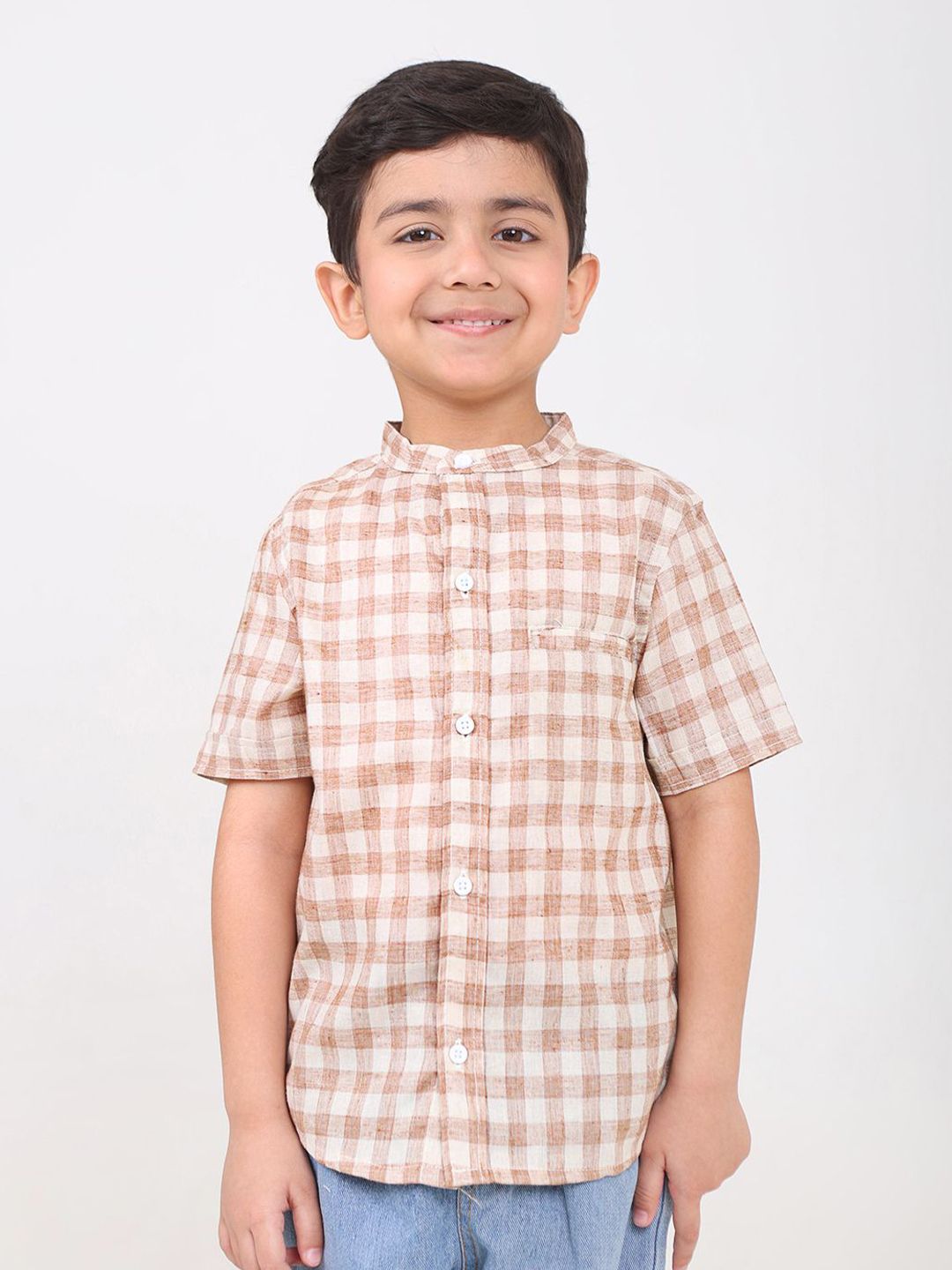 Biglilpeople Boys Relaxed Checked Mandarin Collar Half Sleeves Cotton Casual Shirt