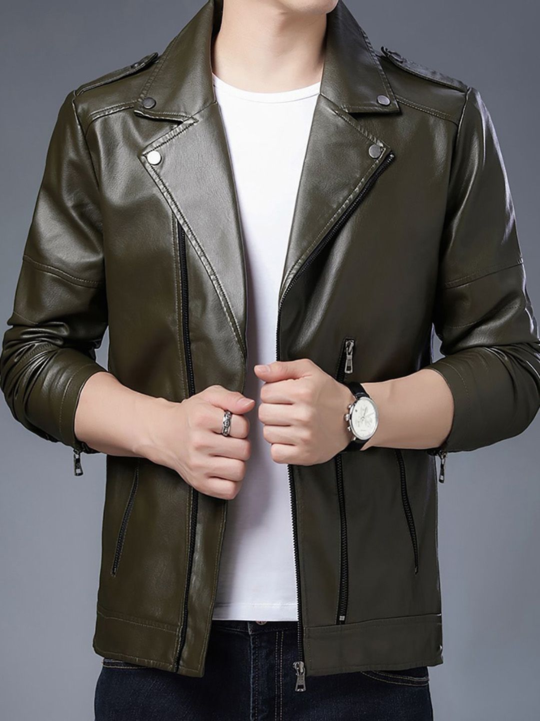 StyleCast x Revolte Men Lapel Collar Solid Casual Leather Jacket