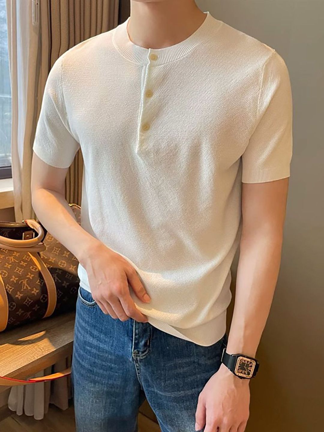 StyleCast x Revolte Men Solid Henley Neck T-shirt
