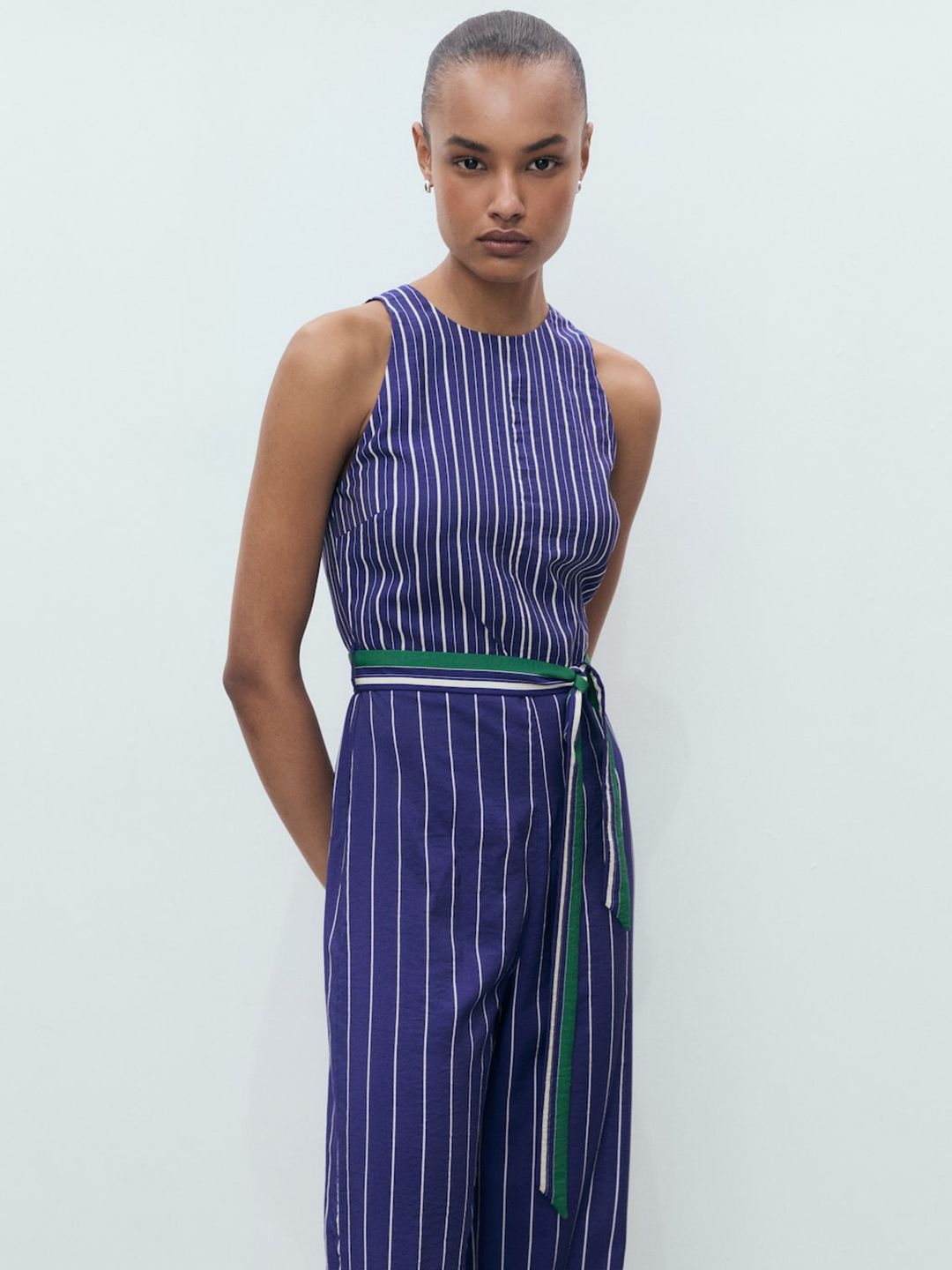 MANGO Striped Belted Basic Jumpsuit