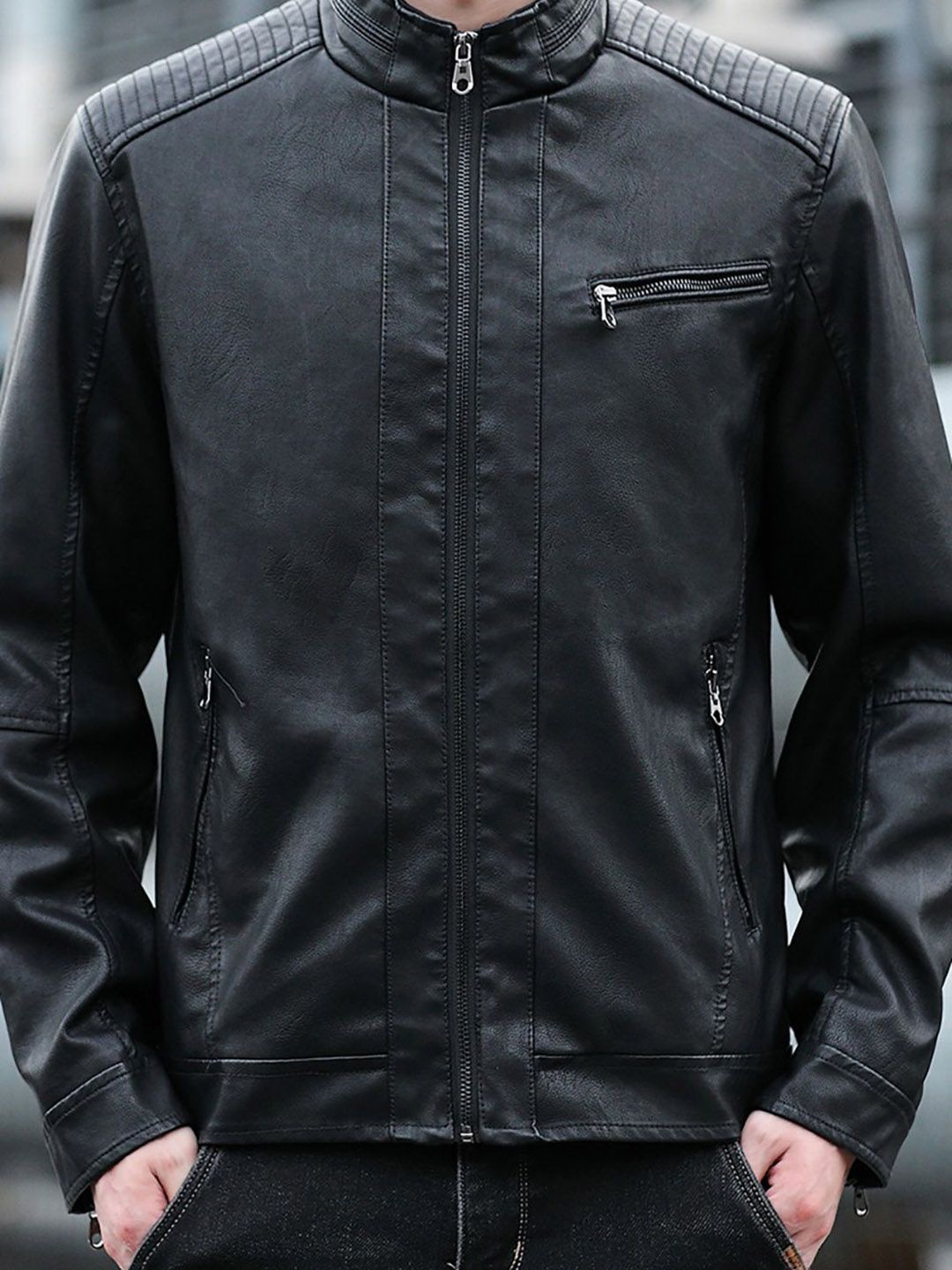 StyleCast x Revolte Men Mock Collar Solid Casual Leather Jacket