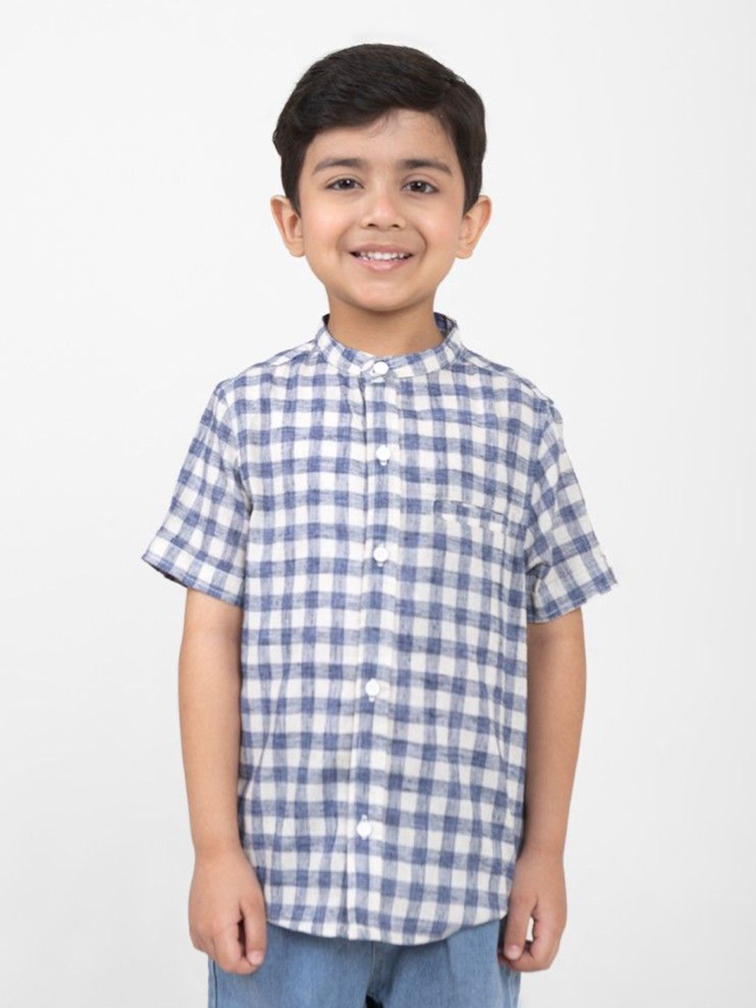 Biglilpeople Boys Relaxed Fit Tartan Checked Mandarin Collar Cotton Casual Shirt