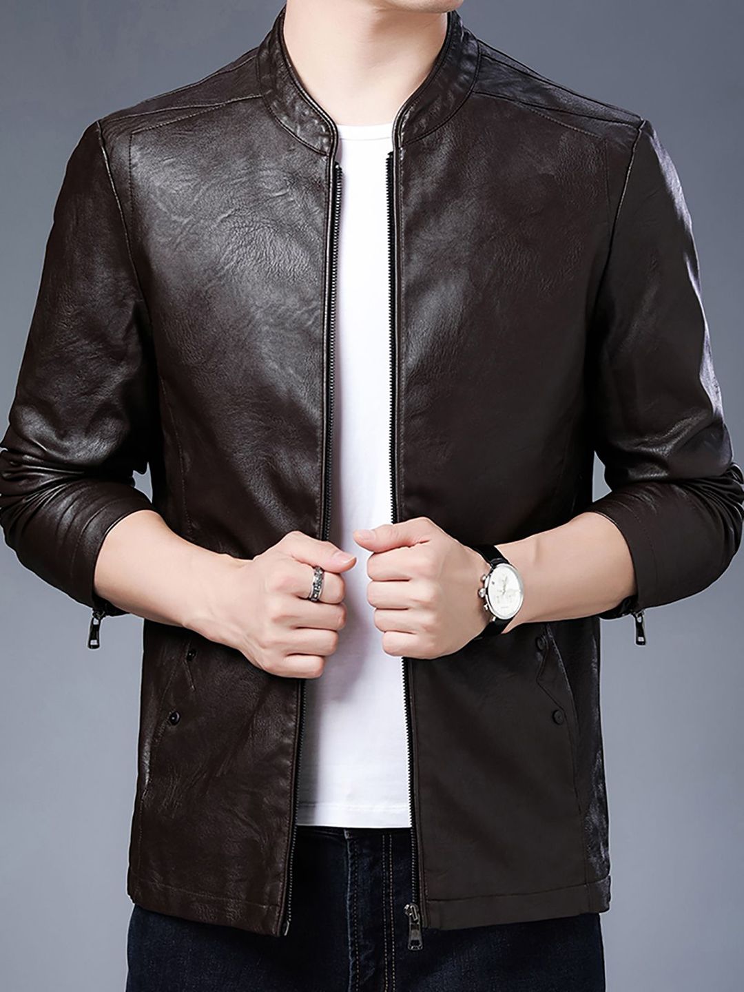 StyleCast x Revolte Men Mandarin Collar Solid PU Casual Windcheater Jacket