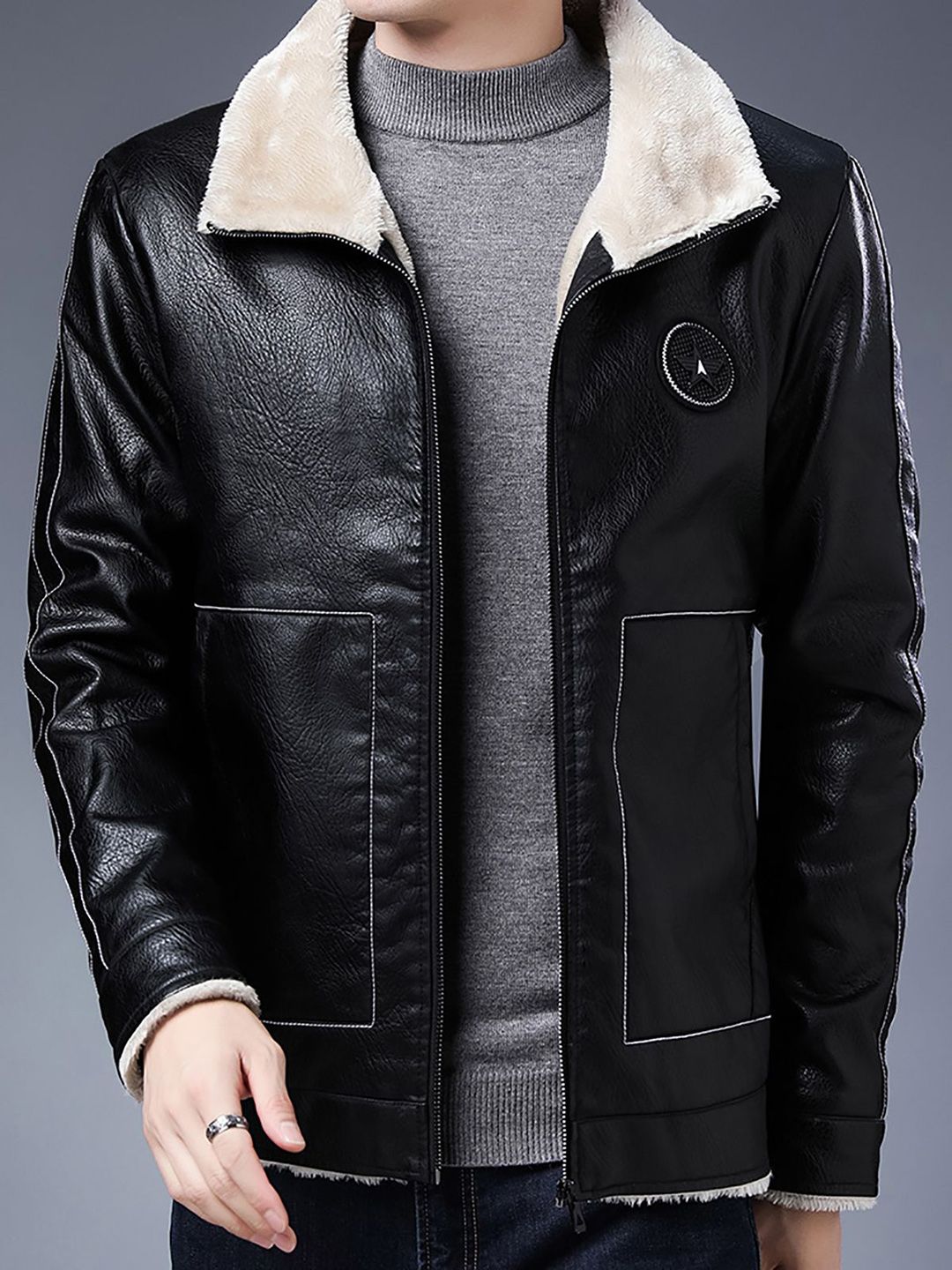 StyleCast x Revolte Men Spread Collar Solid PU Casual Windcheater Jacket