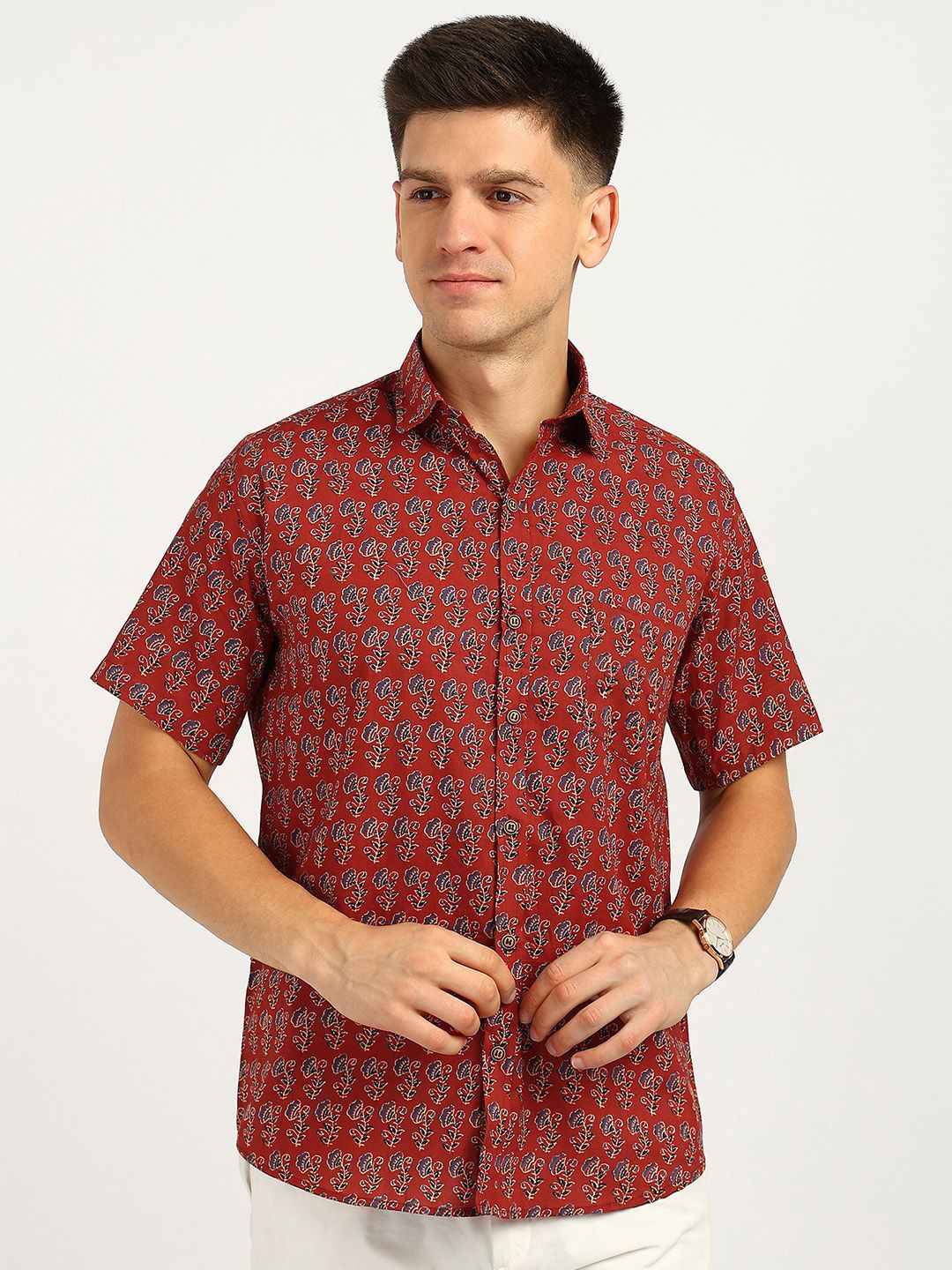 BLOCKS OF INDIA Men Comfort Fit Floral Printed Spread Collar Cotton Casual Shirt