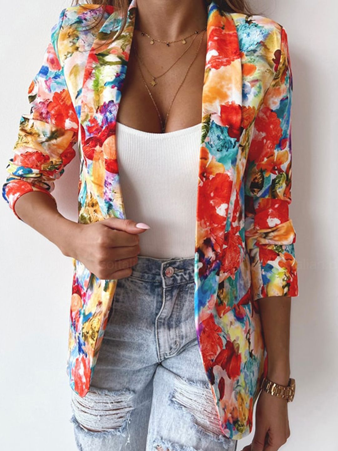 StyleCast x Revolte Orange-Coloured Floral Printed Shawl Collar Tailored Jacket