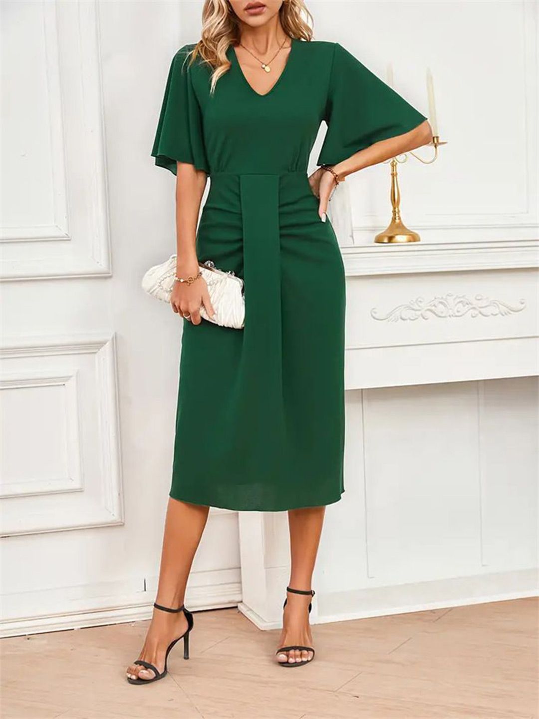 chinese dress ladies Antheaa Puff Sleeve Chiffon Embroidered A-Line Midi Dress – Myntra  International main image 0