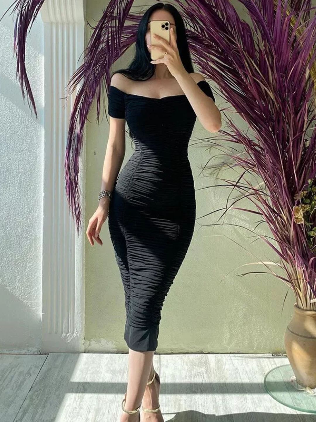 off the shoulder bodycon black dress Black Off Shoulder Bodycon Midi Dress main image 0