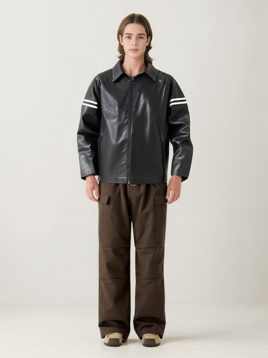 StyleCast x Revolte Men Spread Collar Striped Casual Leather Jacket