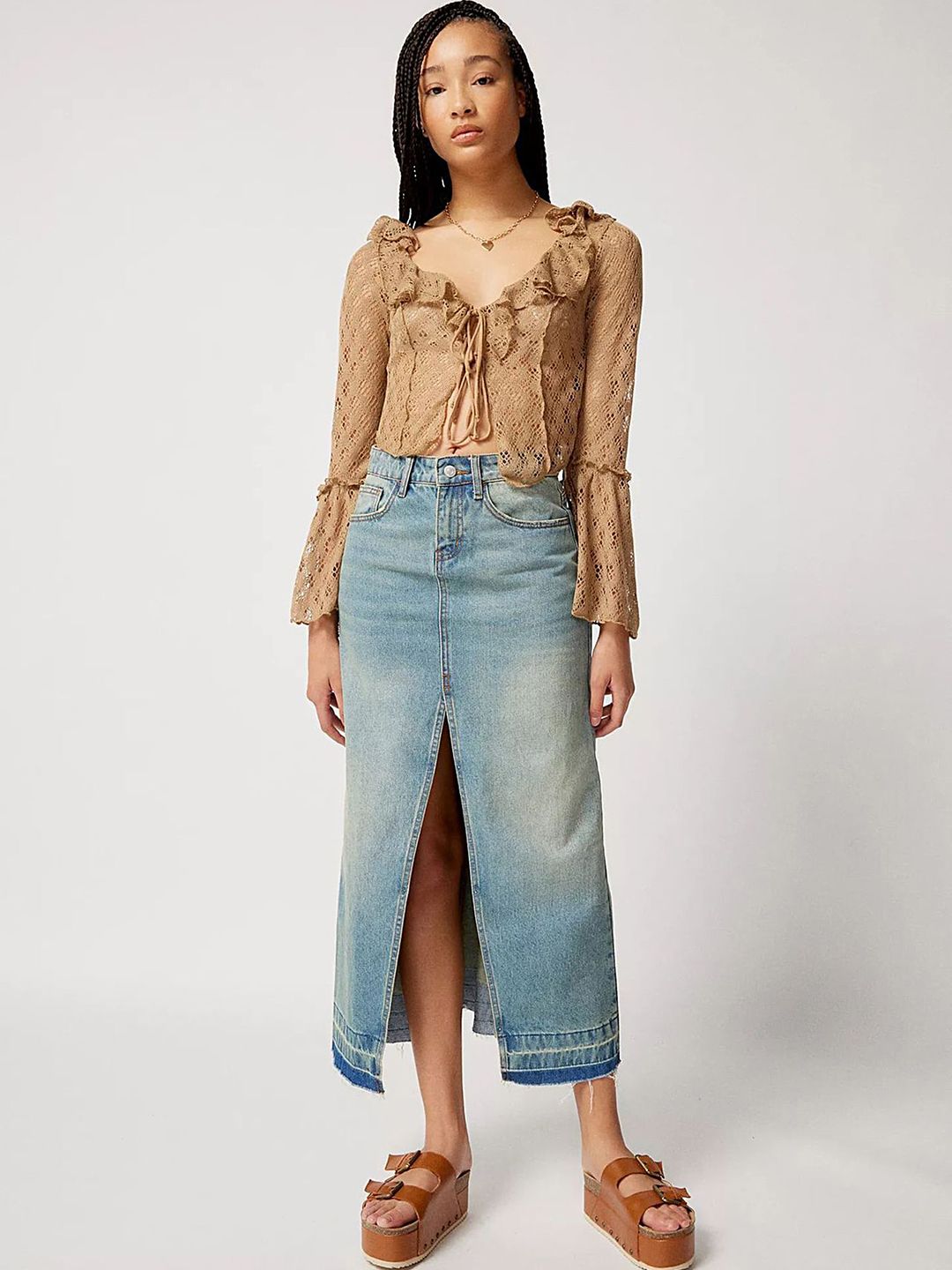 LULU & SKY Washed Denim Low-Rise A-Line Midi Skirt