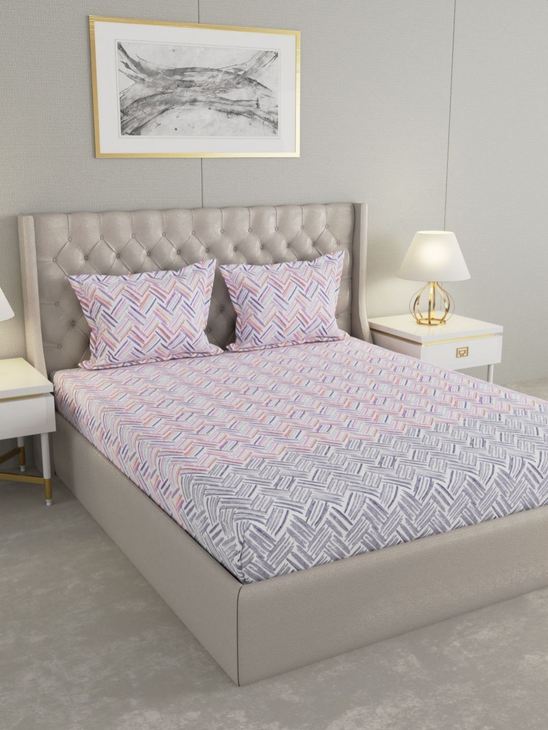 Raymond Home Raymond Home White & Purple Cotton Printed 200 TC King Bedsheet Set 2.75  m x 2.75 m