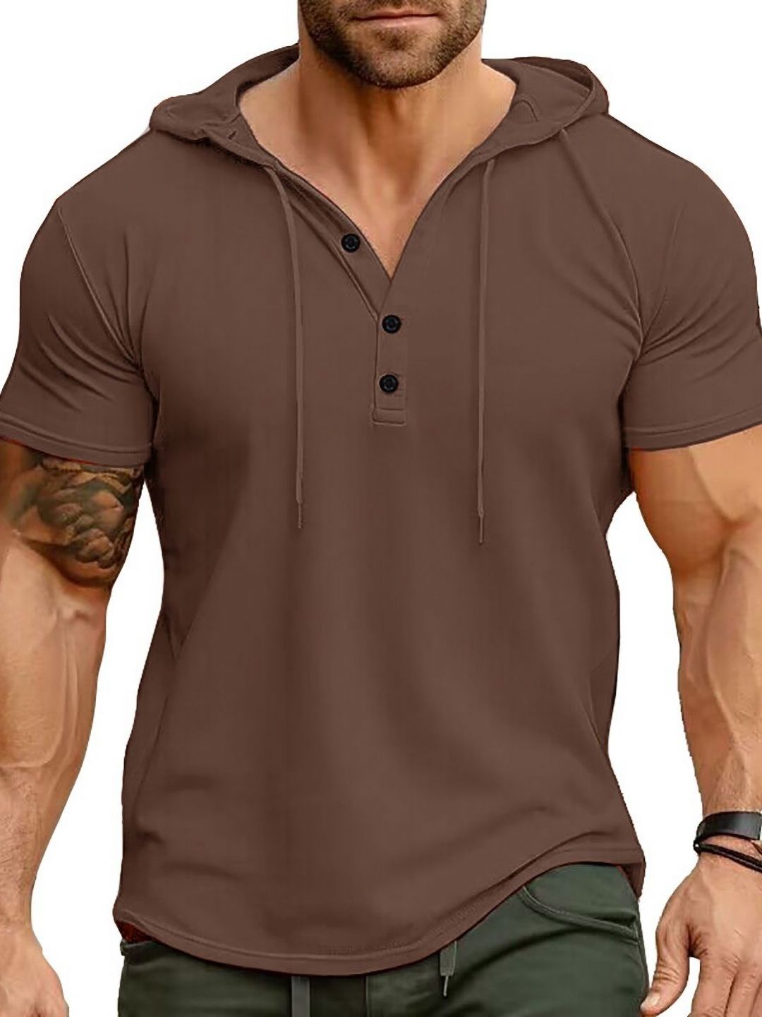 StyleCast x Revolte StyleCast Men Solid Henley Neck Hooded Muscle Fit T-shirt