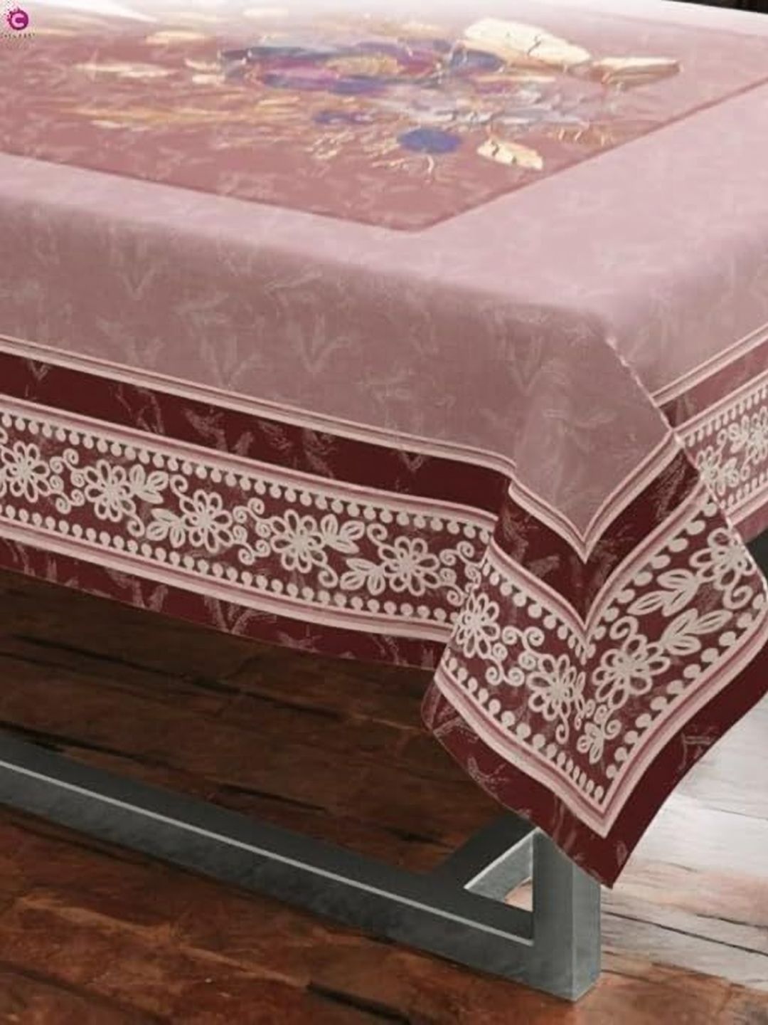CASA-NEST Maroon Floral 4-Seater Velvet Table Cover