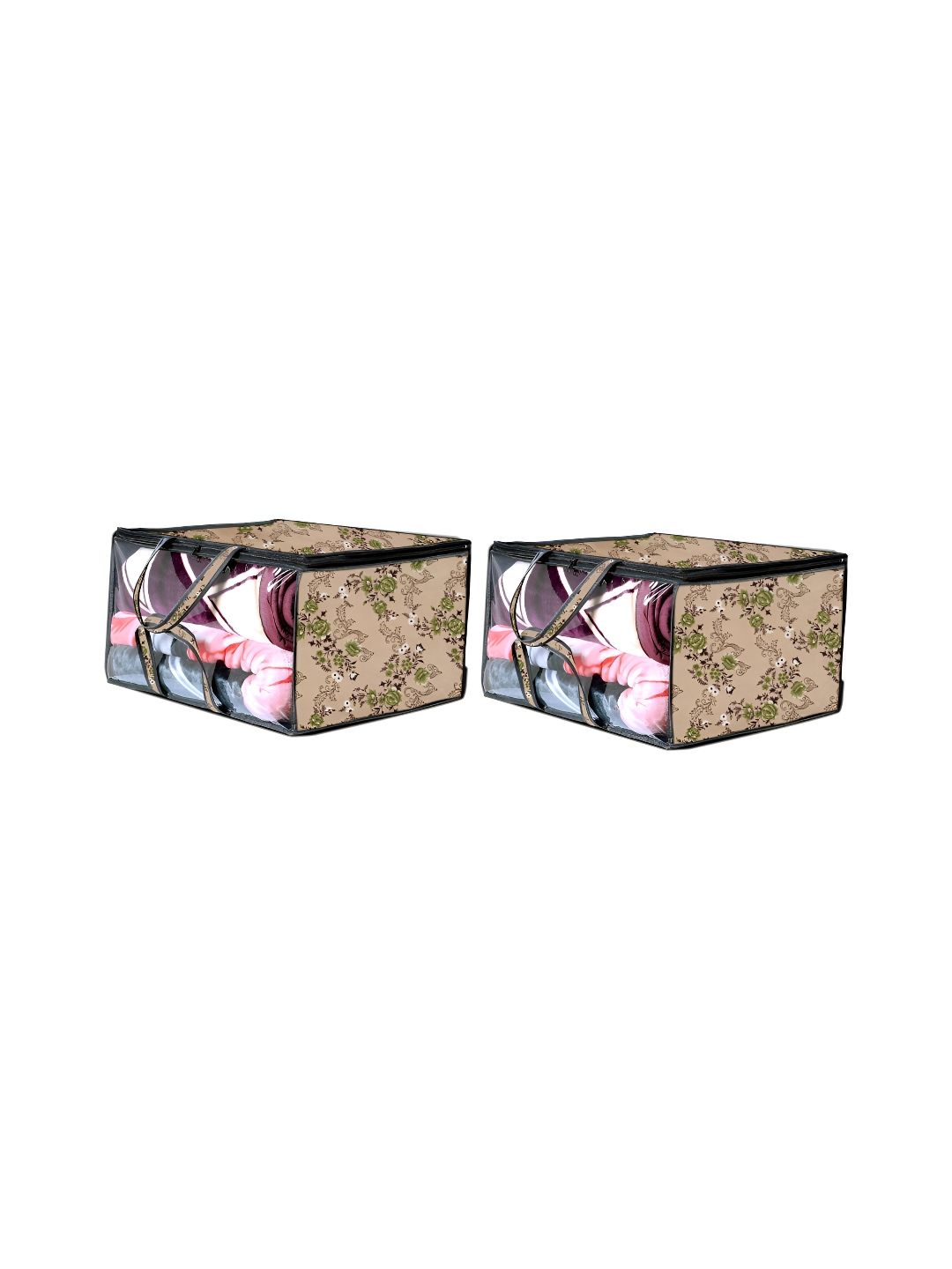 Stylista Beige 2 Pieces Floral Printed Water Resistant Zippered Multi-Utility Organisers